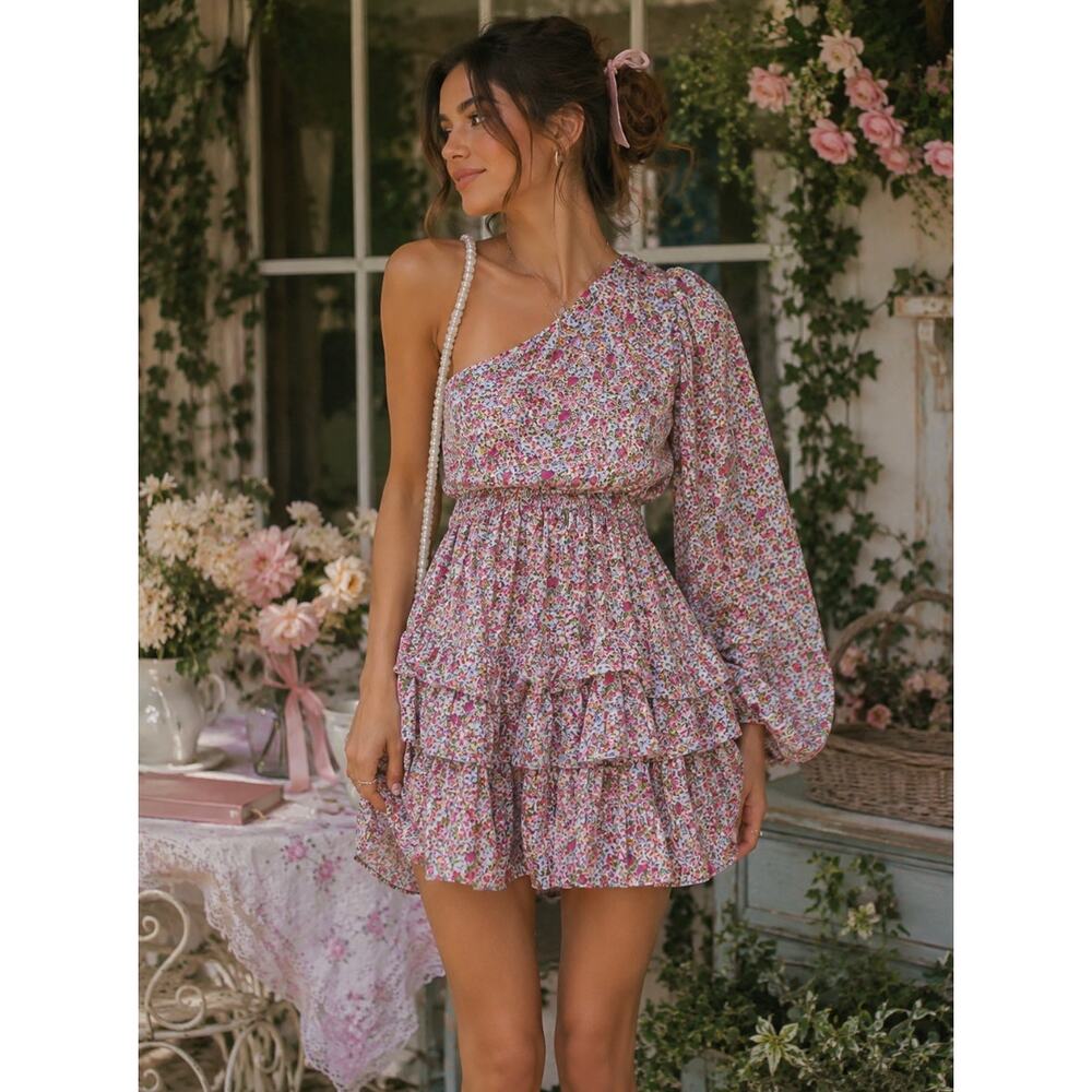 Lush XS Floral Bloom Core Coquette Whimsy One Shoulder Dainty Ruffle Mini Dress